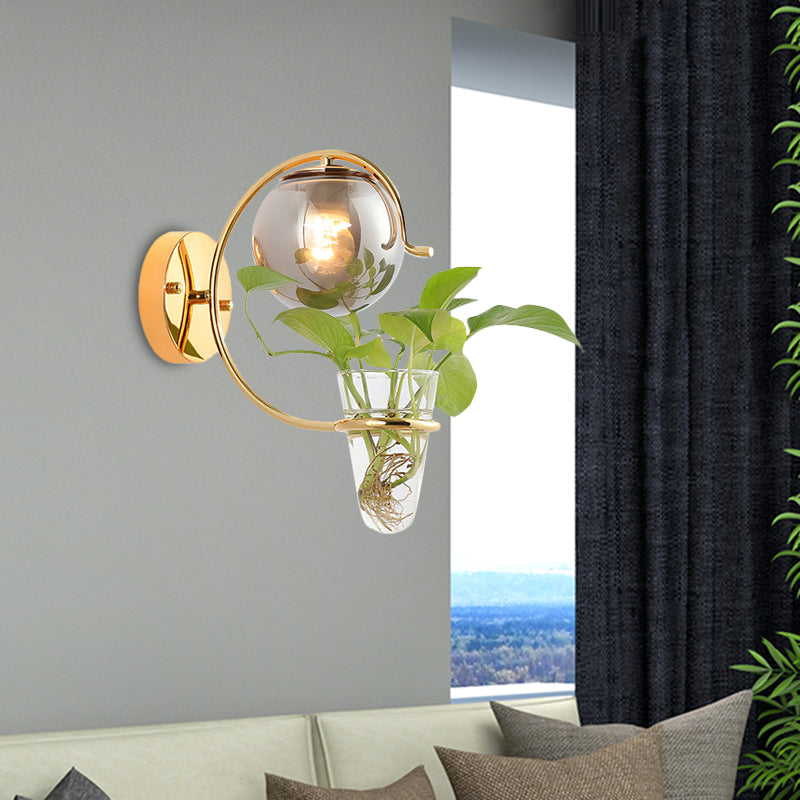 Cream/Smoke Gray Glass Orb Sconce Vintage 1-Bulb Bedroom Wall Lamp in Black/Gold with C-Shaped Arm and Plant Cup