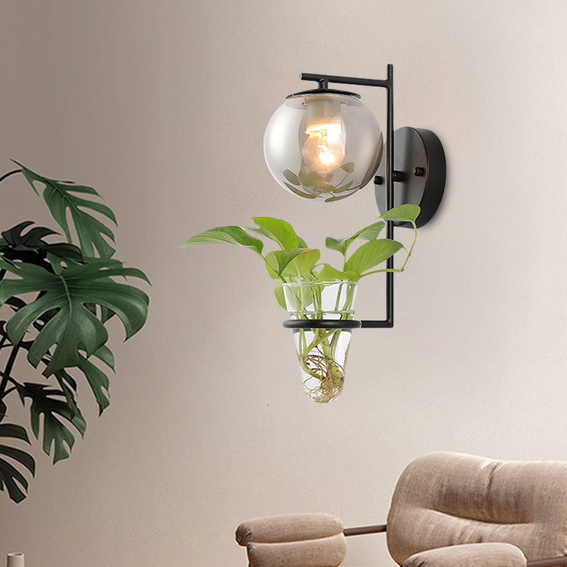 Gold/Black Globe Sconce Light Antique Cream/Smoke Gray Glass 1-Head Bedroom Wall Lamp with Clear Glass Plant Cup