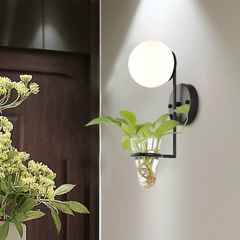 1 Bulb Sconce Lamp Industrial Global Cream/Smoke Gray Glass Wall Light in Black/Gold with Clear Glass Plant Cup