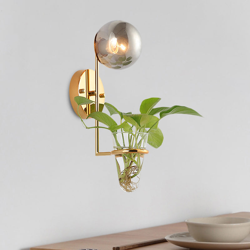 1 Bulb Sconce Lamp Industrial Global Cream/Smoke Gray Glass Wall Light in Black/Gold with Clear Glass Plant Cup