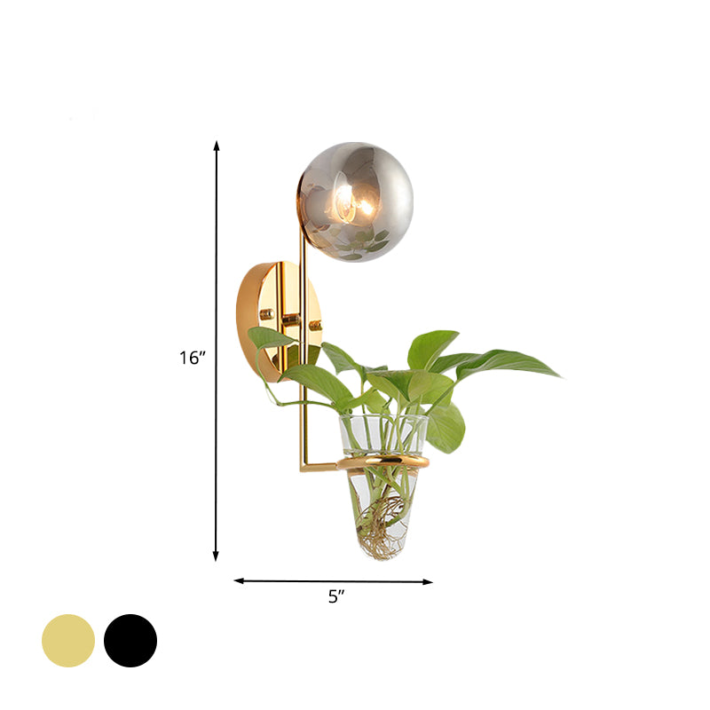 1 Bulb Sconce Lamp Industrial Global Cream/Smoke Gray Glass Wall Light in Black/Gold with Clear Glass Plant Cup