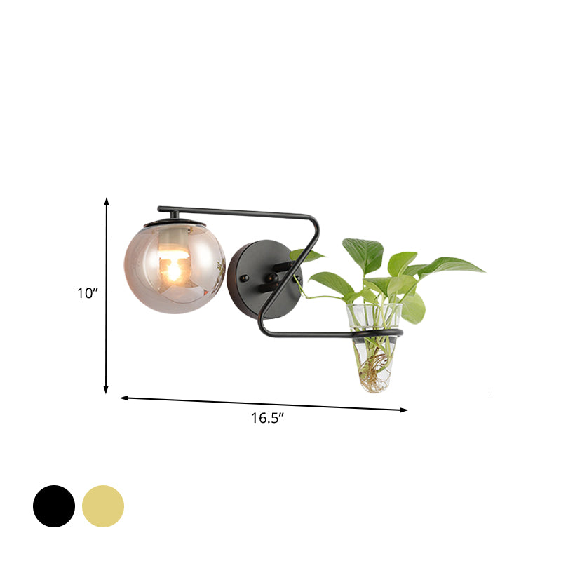 Global Bedroom Sconce Lighting Industrial Cream/Smoke Gray Glass 1 Head Black/Gold Wall Light with Clear Glass Plant Cup