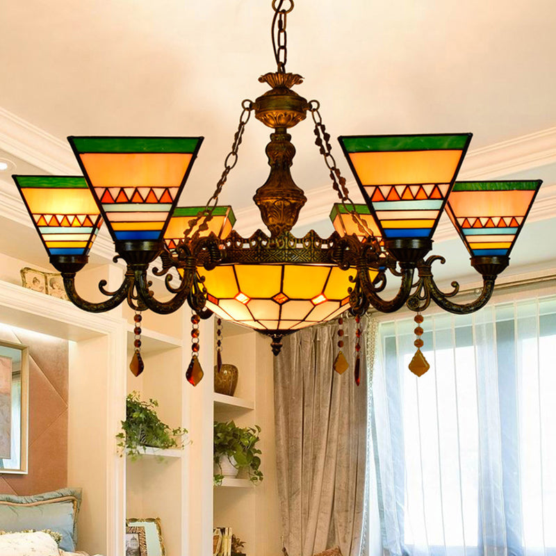 Craftsman Living Room Chandelier avec Agate Trened vitrail Tiffany Vintage Hanging Light in Orange-Green