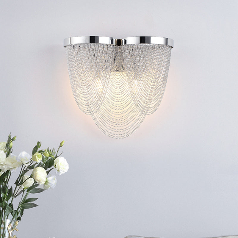 Silver Rippling Tassel Chain Wall Light Modern Vogue 2-Bulb Aluminum Sconce Lighting for Sitting Room