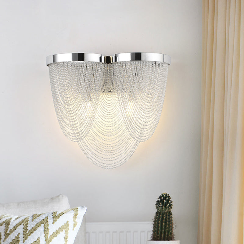 Silver Rippling Tassel Chain Wall Light Modern Vogue 2-Bulb Aluminum Sconce Lighting for Sitting Room