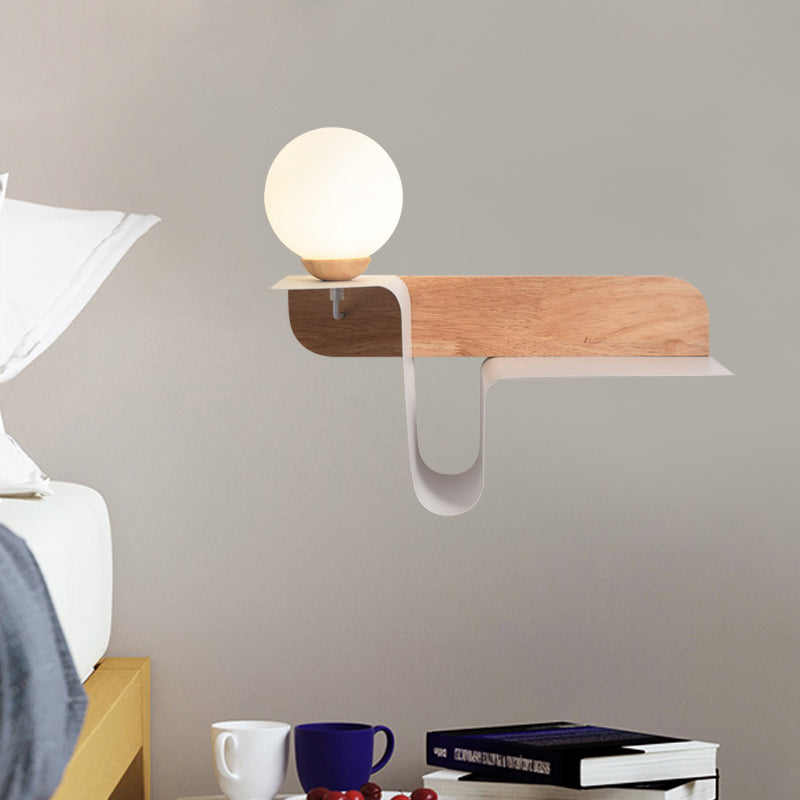 Orb Opal Frosted Glass Sconce Ideas Nordic 1 Bulb White-Wood Wall Mounted Lamp with Shelf, Left/Right