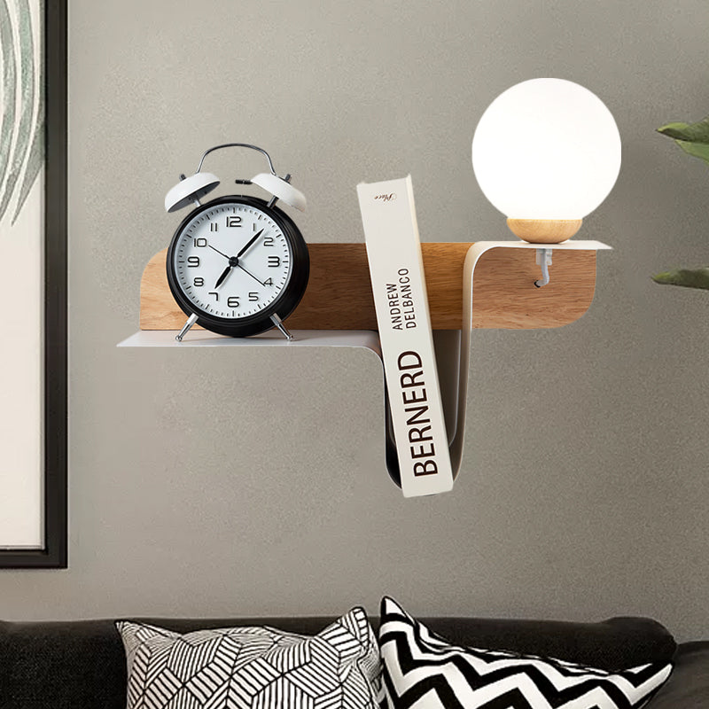 Orb Opal Frosted Glass Sconce Ideas Nordic 1 Bulb White-Wood Wall Mounted Lamp with Shelf, Left/Right