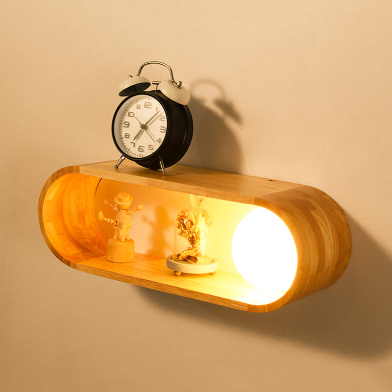 Fillet/Right Angle Rectangle Wall Lamp Nordic Wood 1 Head Bedside Flush Mount Wall Sconce with Rack Function