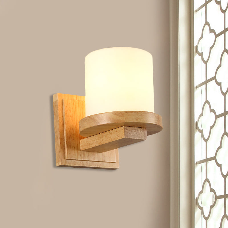 Nordic Pillar Opal Matte Glass Wall Lamp 1-Light Sconce Light Fixture with Wood Arm