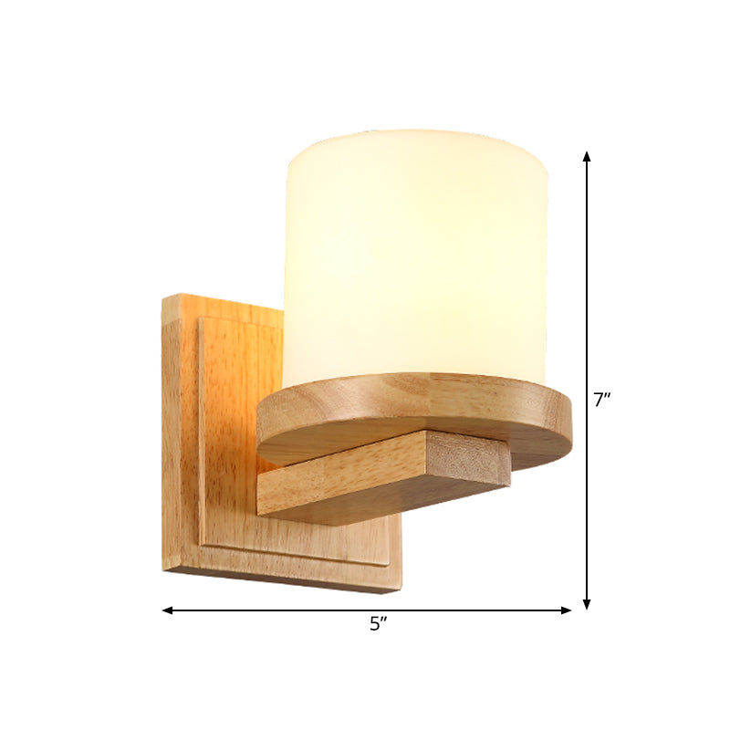 Nordic Pillar Opal Matte Glass Wall Lamp 1-Light Sconce Light Fixture with Wood Arm