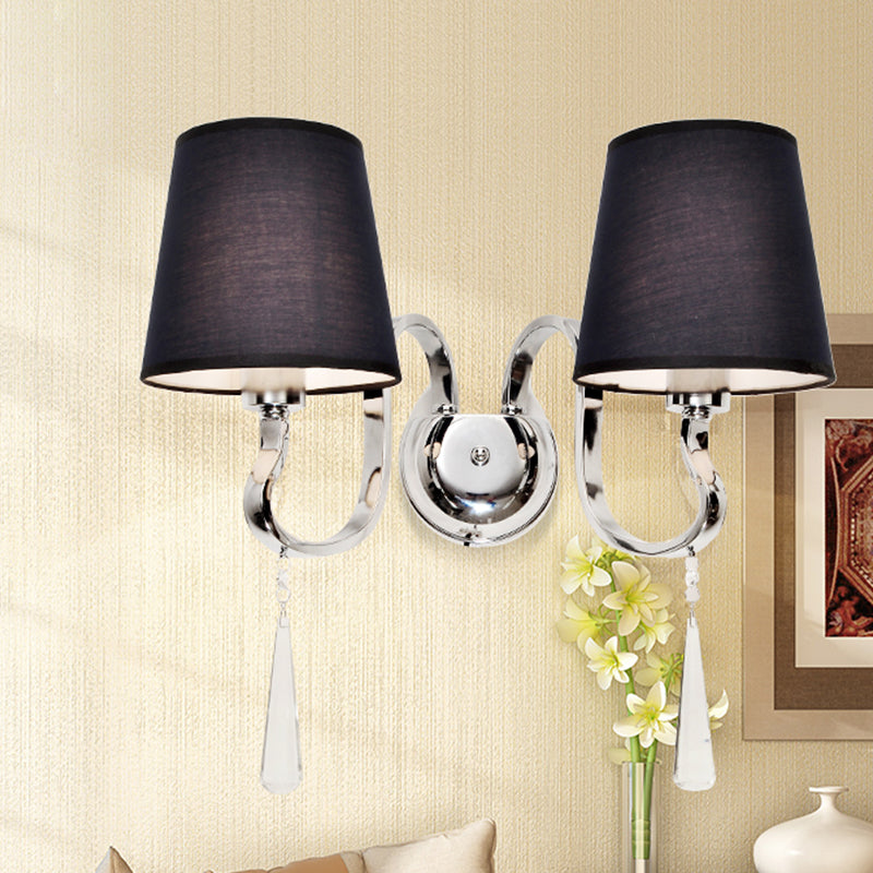 Black Taper Shade Wall Mount Light Modern 2-Bulb Fabric Sconce Fixture with Stainless Steel Wavy Arm and Crystal Drop