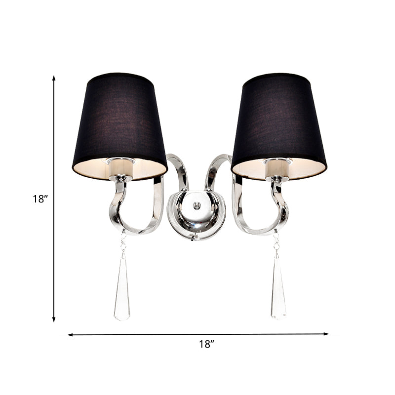 Black Taper Shade Wall Mount Light Modern 2-Bulb Fabric Sconce Fixture with Stainless Steel Wavy Arm and Crystal Drop