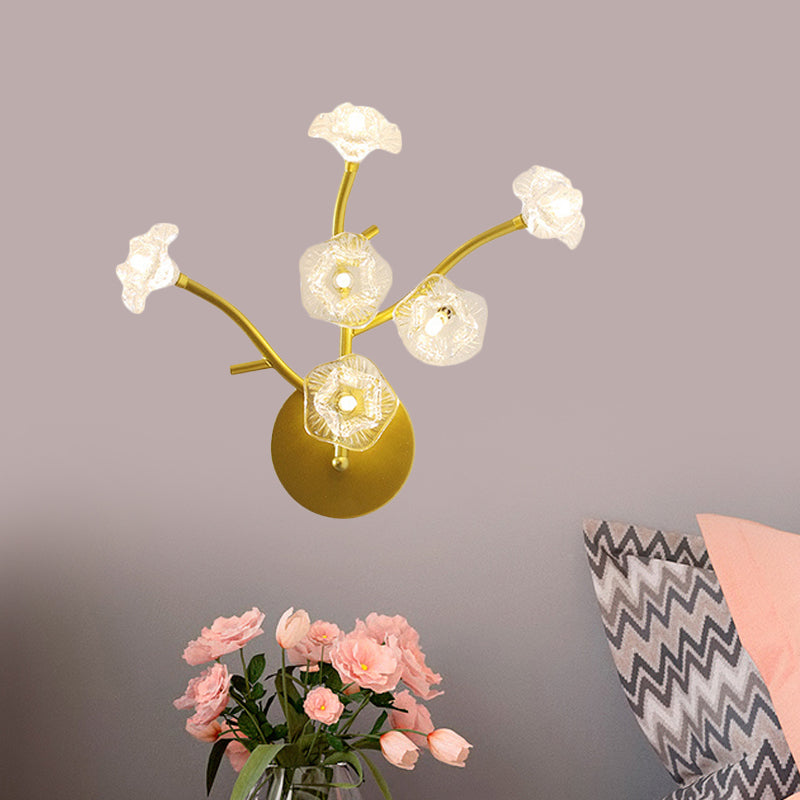 Floral Bedside Sconce Light Fixture Transparent Glass 6 Bulbs Modern Wall Mount Lamp in Gold
