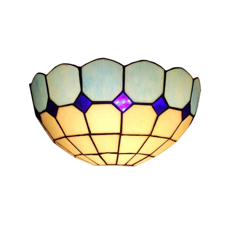 Tiffany Style Bowl Wall Sconce 2 Lights Art Glass Light Blue/Dark Blue Wall Light for Bedroom Lighting