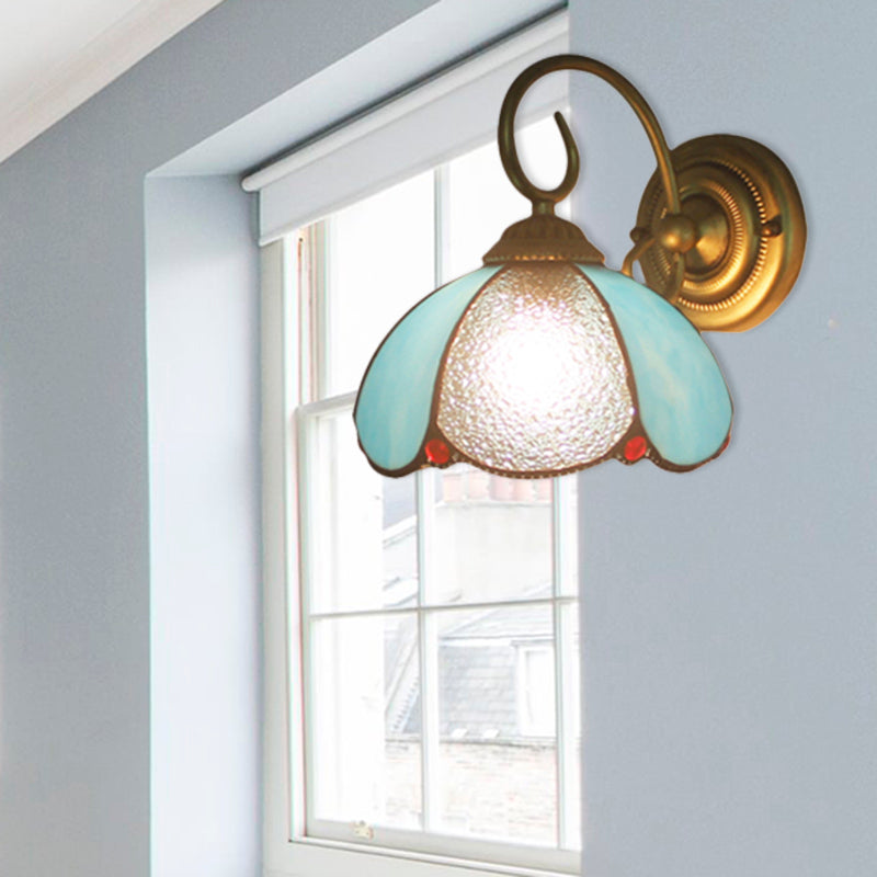 Tiffany Petal Shaped Sconce Light with Curved Arm 1 Light Glass Wall Light in Blue for Study Room