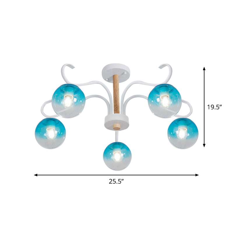 Woonkamer draai arm kroonluchter met baanschaduw helder glas romantisch blauw hanglampje