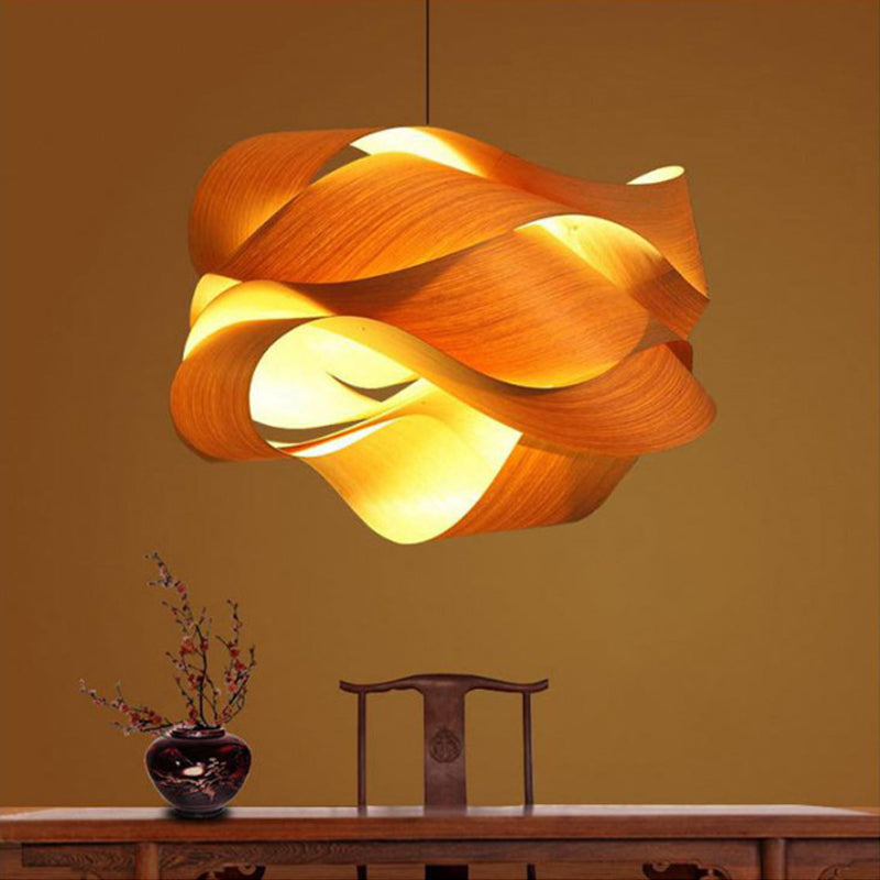 18"/23.5" Wide Twist Pendant Lamp Contemporary Wooden 1 Light Living Room Hanging Light in Beige