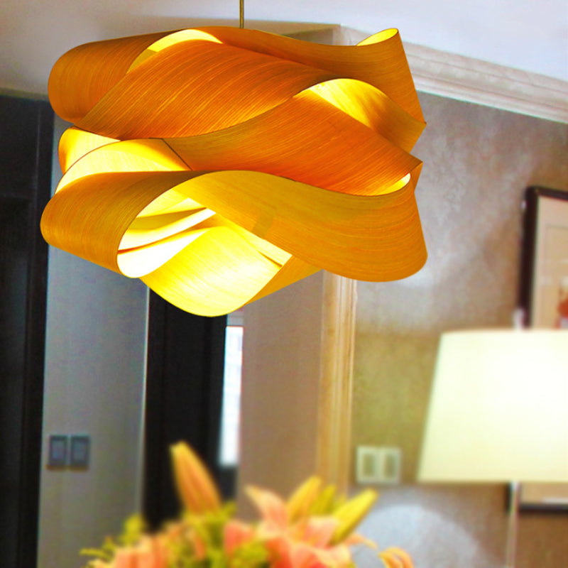 18"/23.5" Wide Twist Pendant Lamp Contemporary Wooden 1 Light Living Room Hanging Light in Beige