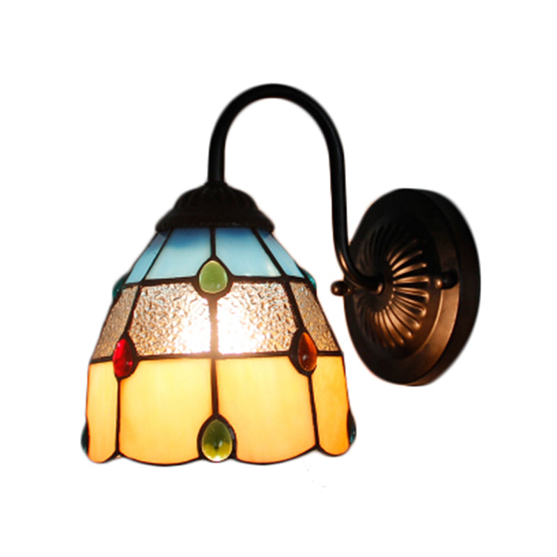 Tiffany Dome Wall Light Fixture 1 Head Yellow-Blue Glass Sconce Light with Agate Decoration