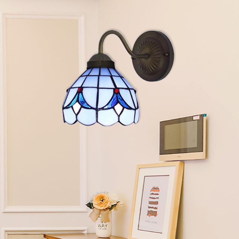 1 Head Flower Sconce Light Fixture Tiffany White/Blue Glass Wall Mounted Light for Bedroom