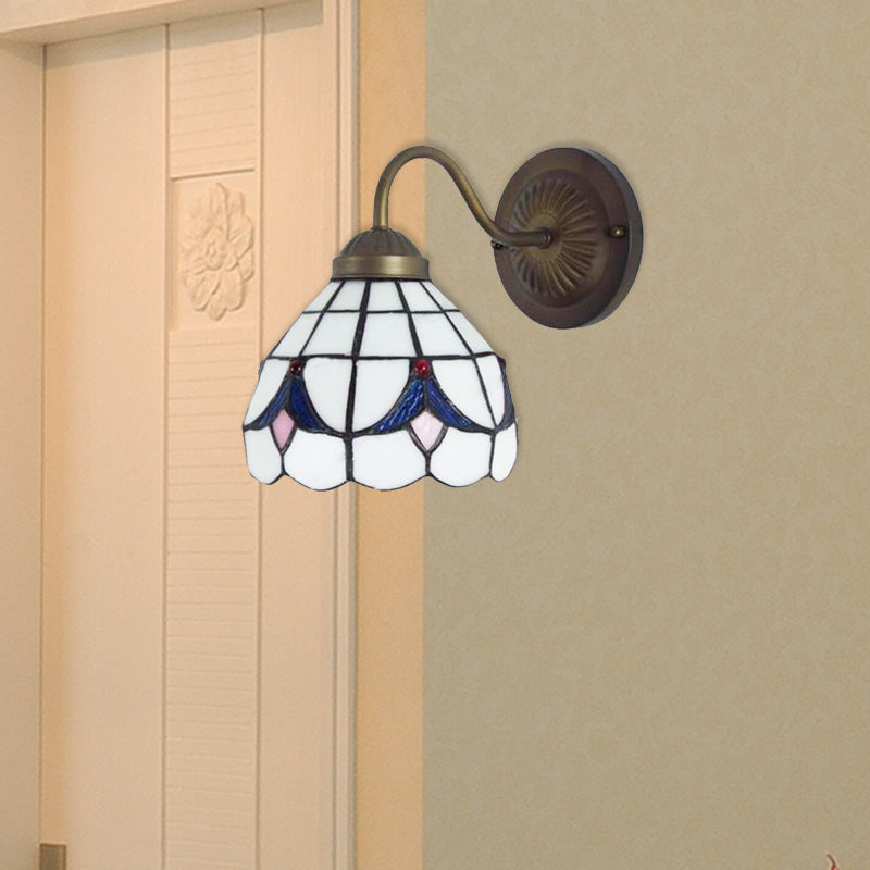 1 Head Flower Sconce Light Fixture Tiffany White/Blue Glass Wall Mounted Light for Bedroom