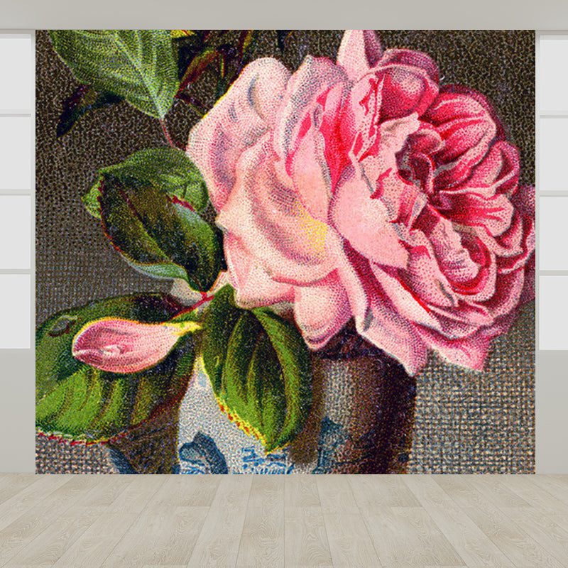 Flower Blossom and Vase Mural Decal Modern Non-Woven Textured Wall Covering in Pink