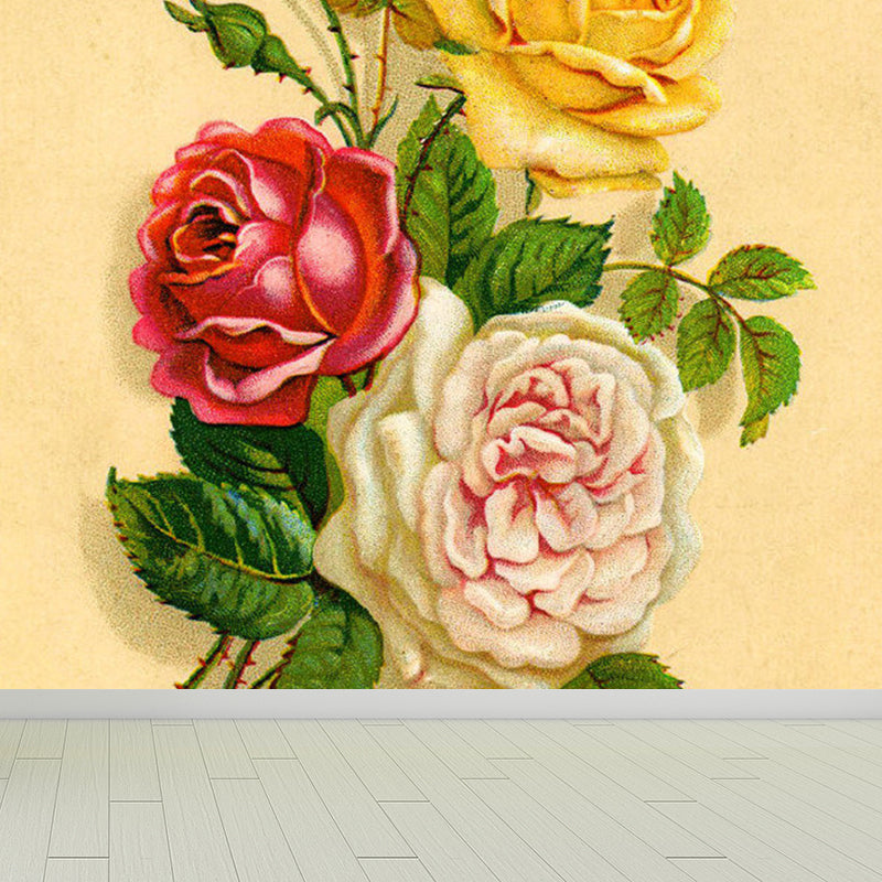 Modern Rose Flower Wall Mural Non-Woven Stain Resistant Beige Wall Art for Kitchen