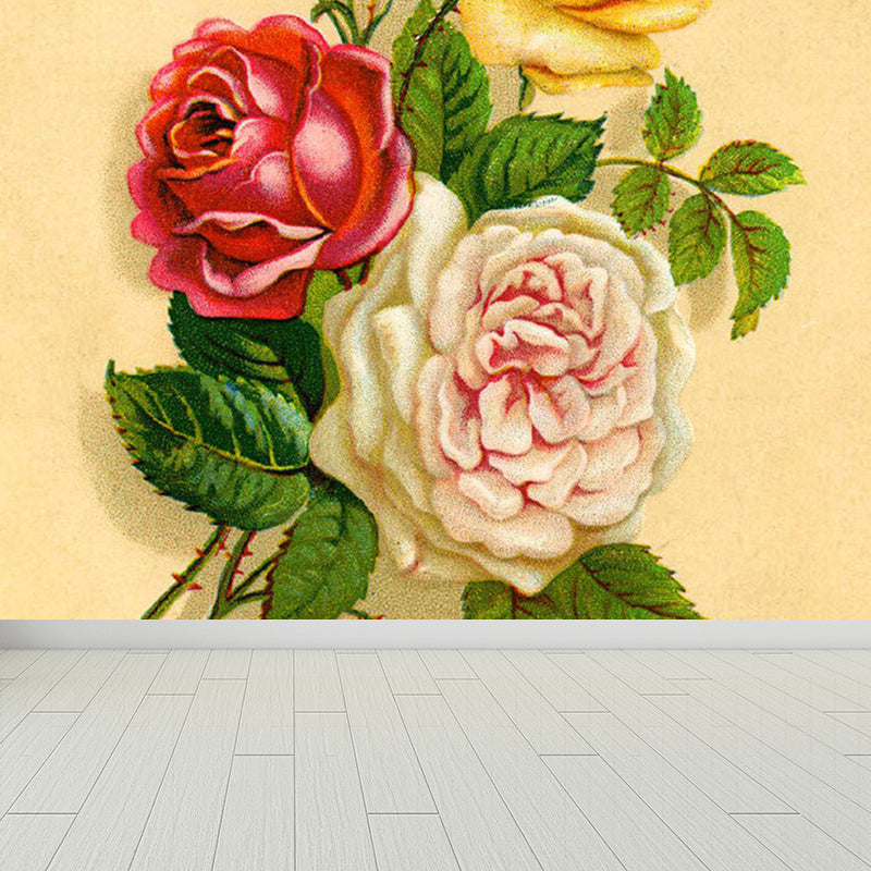 Modern Rose Flower Wall Mural Non-Woven Stain Resistant Beige Wall Art for Kitchen