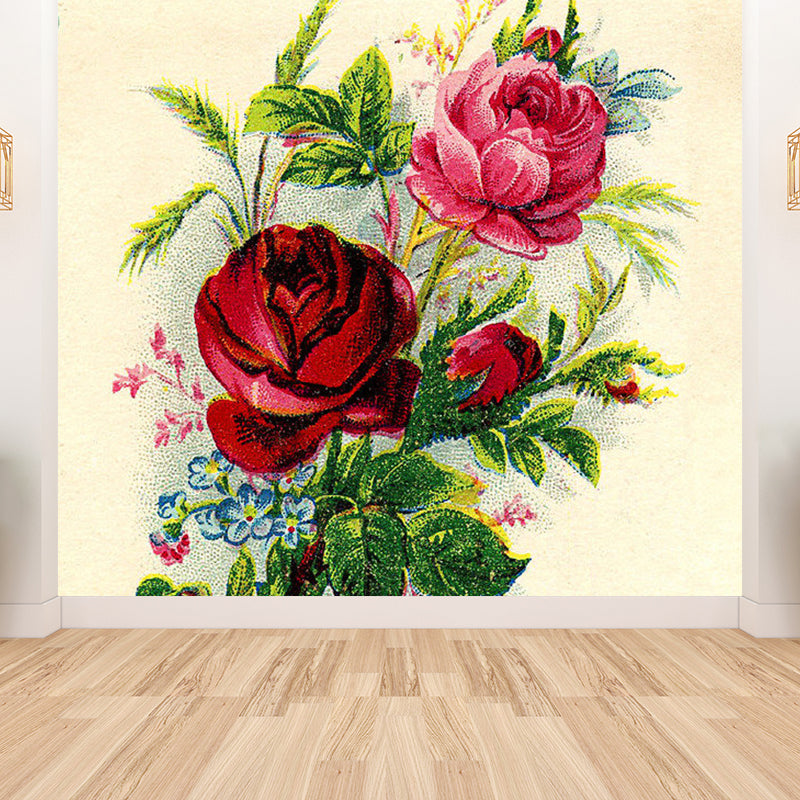 Modern Rose Blossom Mural Decal Green Stain Resistant Wall Covering for Bathroom