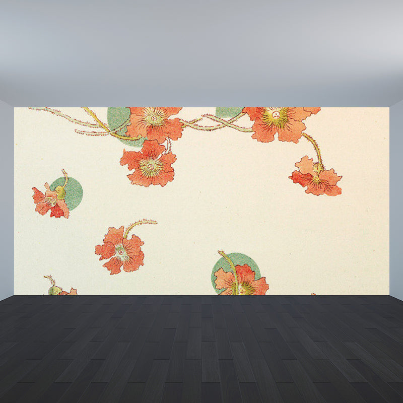 Orange Floral Printed Mural Decal Stain Resistant Contemporary Bathroom Wall Covering