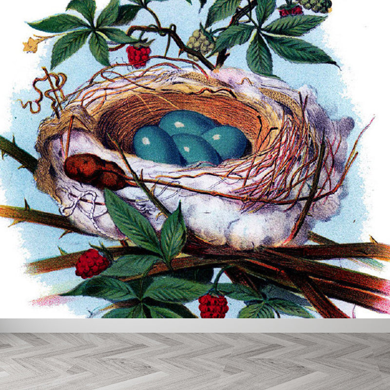Green Bird's-Nest and Leaves Mural Wallpaper Stain-Proofing Wall Art for Dining Room