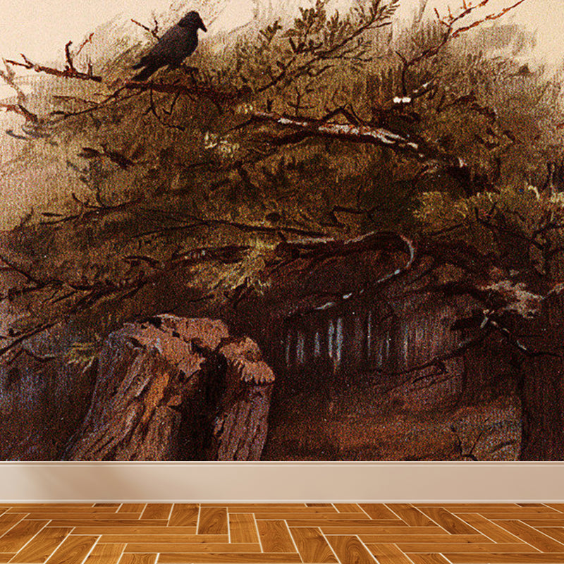 Large Woodland and Bird Mural Wallpaper Modern Luxuriant Forest Wall Decor in Brown