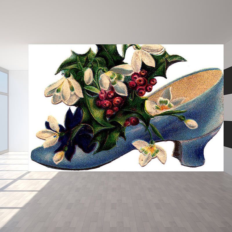 Illustration Flower and Shoe Mural Covering for Living Room, Green, Personalized