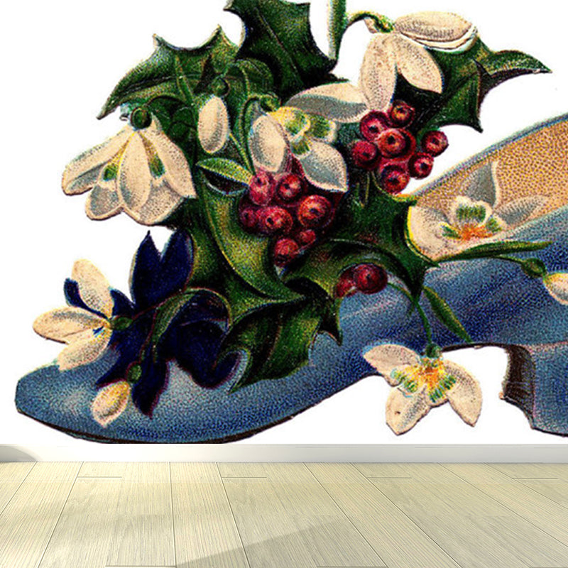 Illustration Flower and Shoe Mural Covering for Living Room, Green, Personalized