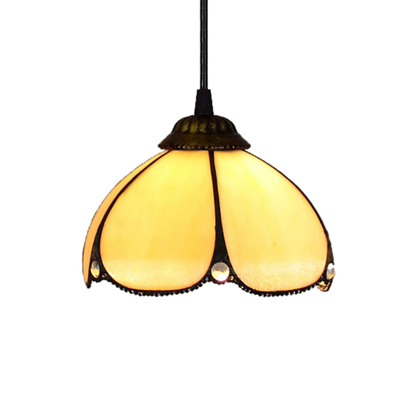 Amber Glass Scalloped Hanging Lamp Tiffany 1 Bulb Beige Ceiling Pendant for Entry