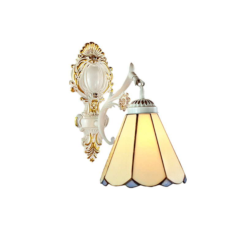 Conical Wall Sconce Light Traditional Beige Glass 1 Light Wall Lighting in White Finish for Bedroom