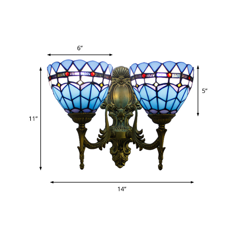 Baroque Bowl Wall Light Fixture Stained Glass 2 Heads Sconce Lighting in Antique Brass for Living Room