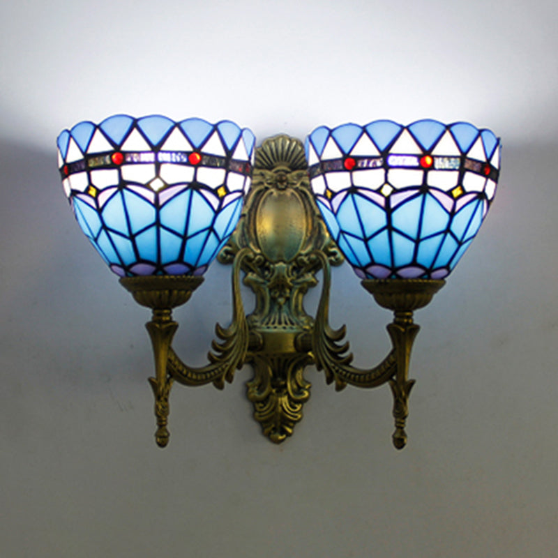Baroque Bowl Wall Light Fixture Stained Glass 2 Heads Sconce Lighting in Antique Brass for Living Room