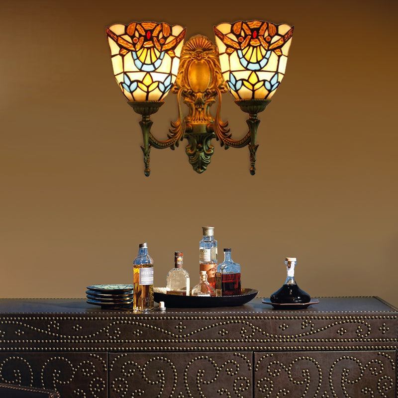 Victorian Bell Wall Mount Lighting Stained Glass 2 Heads Wall Sconce Lamp for Dining Room