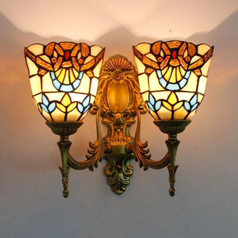 Victorian Bell Wall Mount Lighting Stained Glass 2 Heads Wall Sconce Lamp for Dining Room