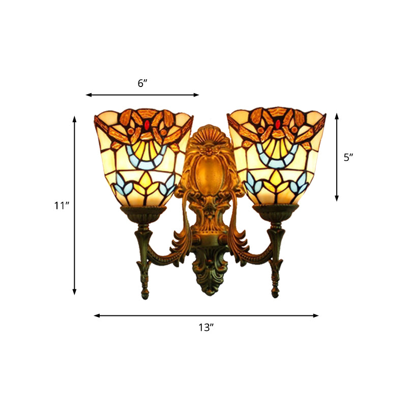 Victorian Bell Wall Mount Lighting Stained Glass 2 Heads Wall Sconce Lamp for Dining Room