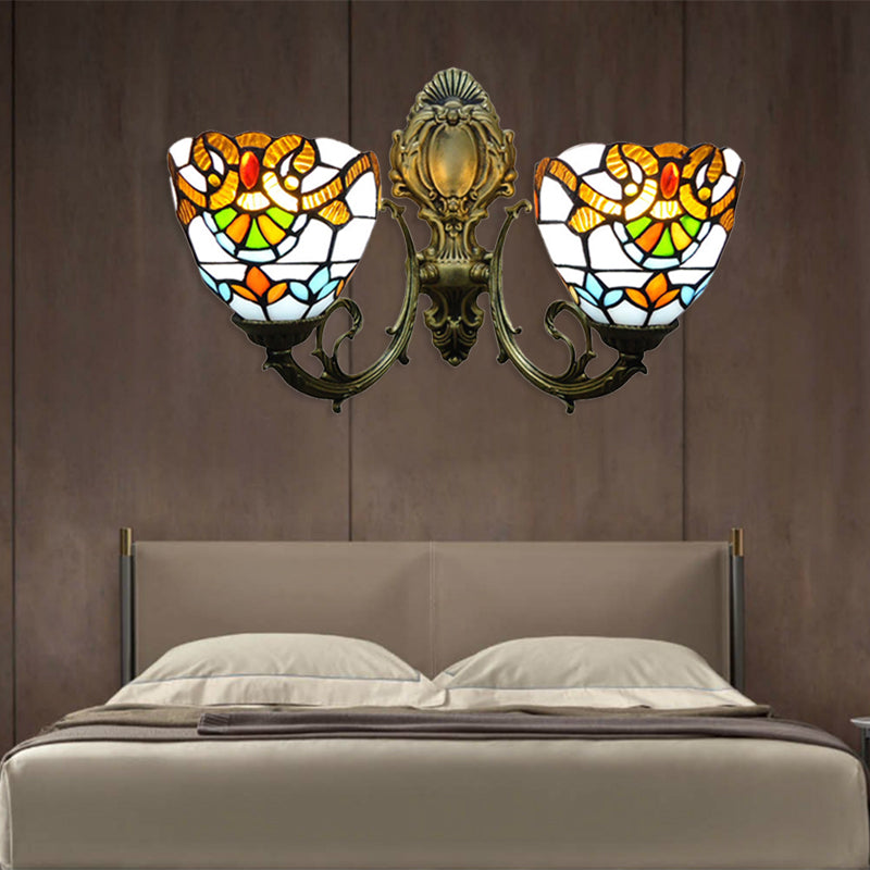 Stained Glass Bowl Wall Lamp with Curved Arm Baroque 2 Heads Wall Sconce Lighting in Aged Brass