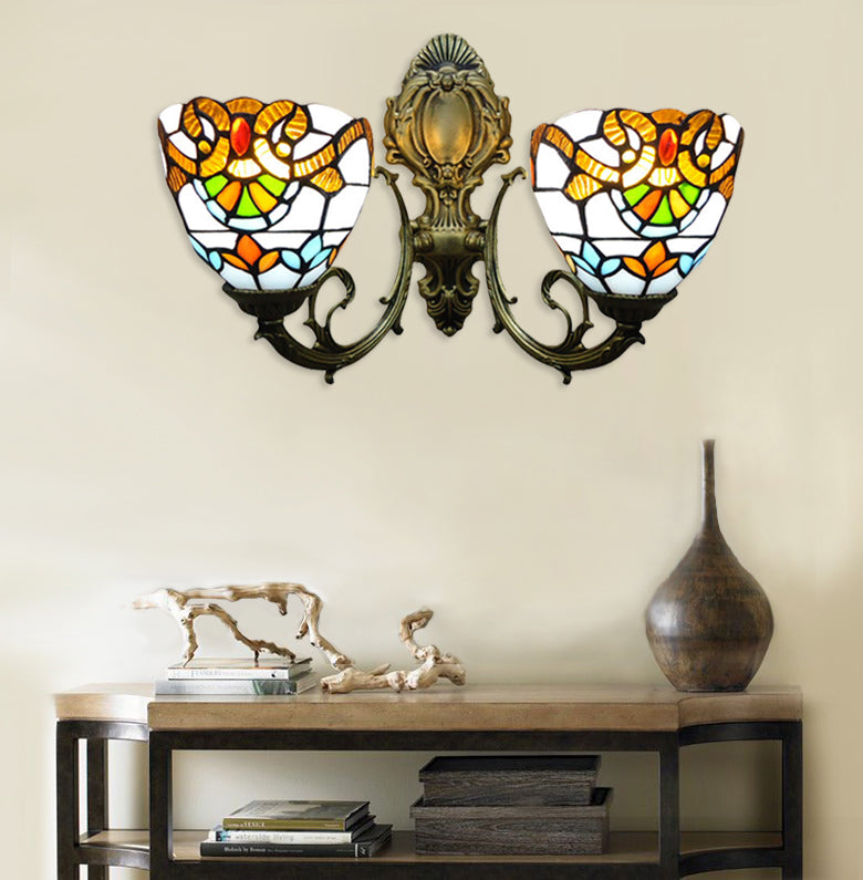 Stained Glass Bowl Wall Lamp with Curved Arm Baroque 2 Heads Wall Sconce Lighting in Aged Brass