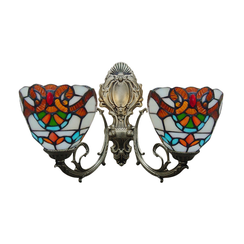 Stained Glass Bowl Wall Lamp with Curved Arm Baroque 2 Heads Wall Sconce Lighting in Aged Brass