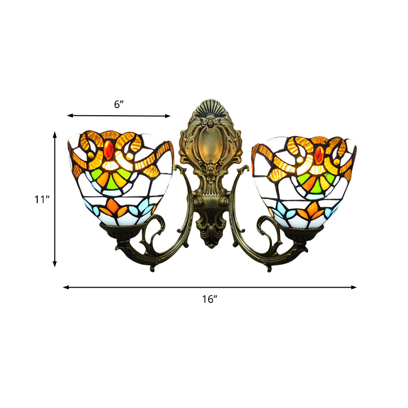 Stained Glass Bowl Wall Lamp with Curved Arm Baroque 2 Heads Wall Sconce Lighting in Aged Brass