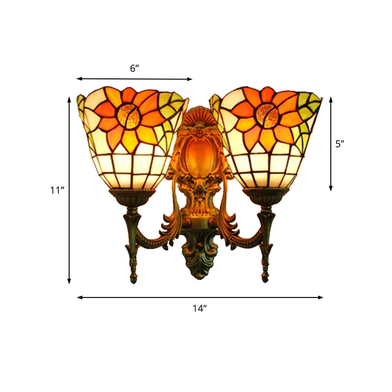 Sunflower Wall Mount Light Lodge Style Stained Glass 2 Heads Wall Lighting for Bedroom