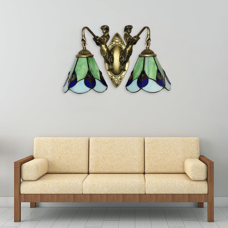 Green Glass Flower Wall Mounted Light Tiffany 2 Heads Antique Brass Sconce Lighting