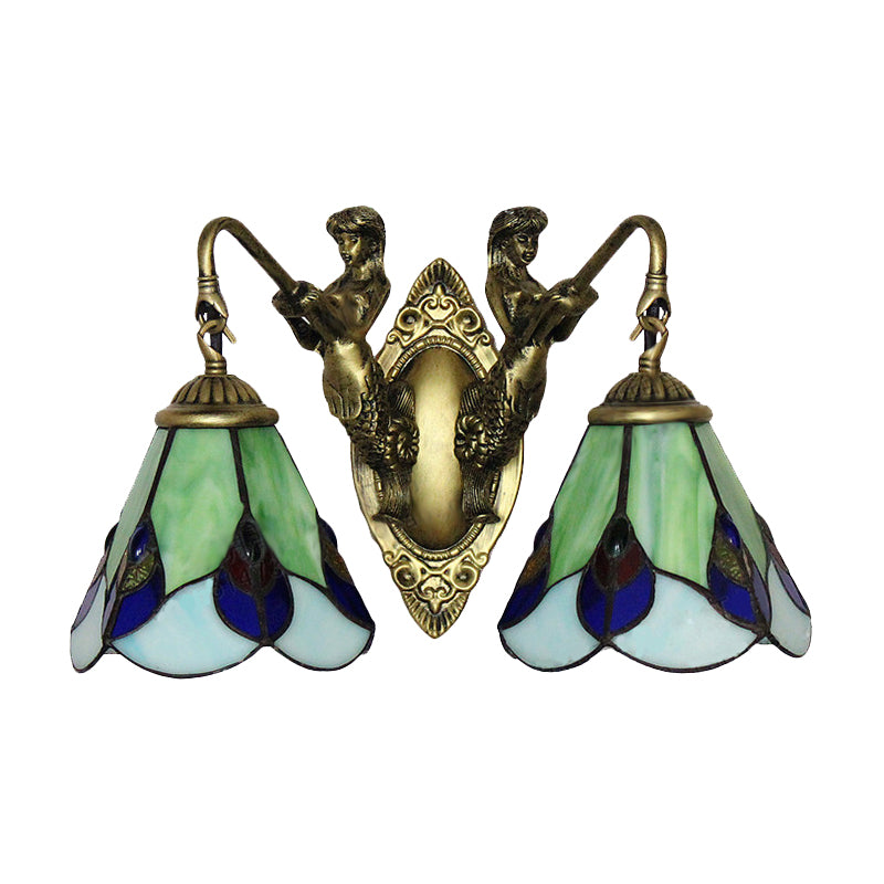 Green Glass Flower Wall Mounted Light Tiffany 2 Heads Antique Brass Sconce Lighting