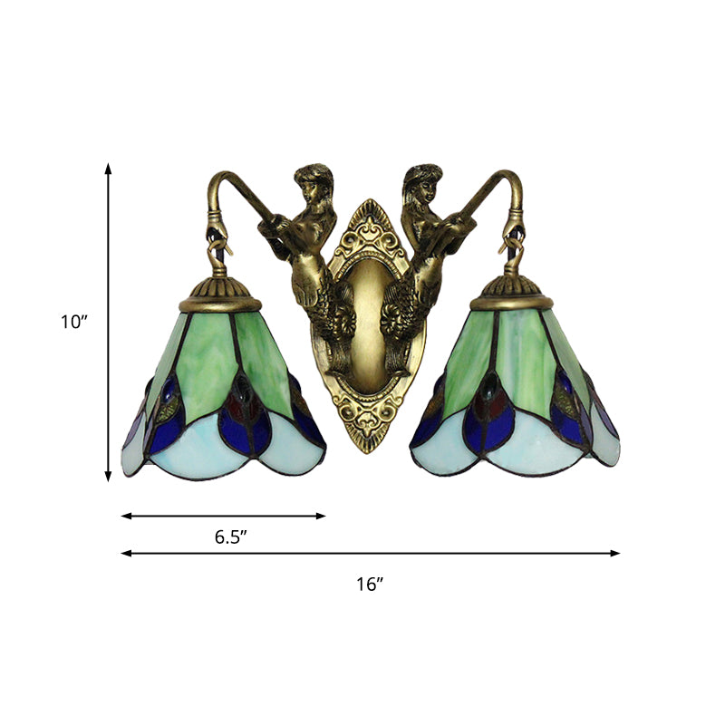 Green Glass Flower Wall Mounted Light Tiffany 2 Heads Antique Brass Sconce Lighting