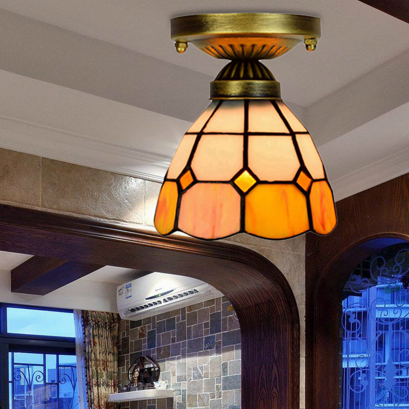Tiffany Classic Grid Bowl Ceiling Mount Light 8"/6" Width Art Glass 1 Head Orange Ceiling Lamp for Bathroom